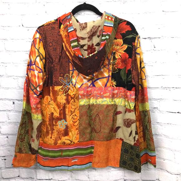 Chico’s Design Patchwork Boho Embroidered Floral Hooded Lined Shacket Sz 1 (M) - Picture 3 of 13